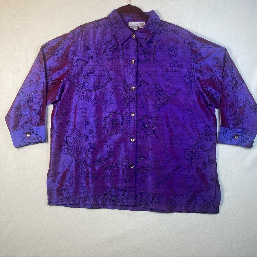 Bleu Bayou 100% Silk Beaded And Embroidered Purple Button Front Top Size XL